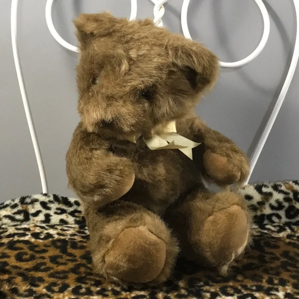 Cute plush faux fur Teddy bear 16 inches soft shiny yellow bow